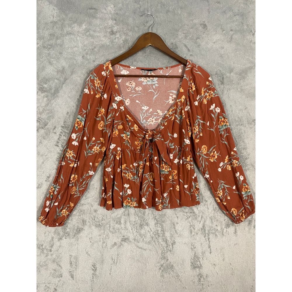 American Eagle Blouse Sz M Rust Floral Tie Front Peplum Long‎ Sleeves Babydoll